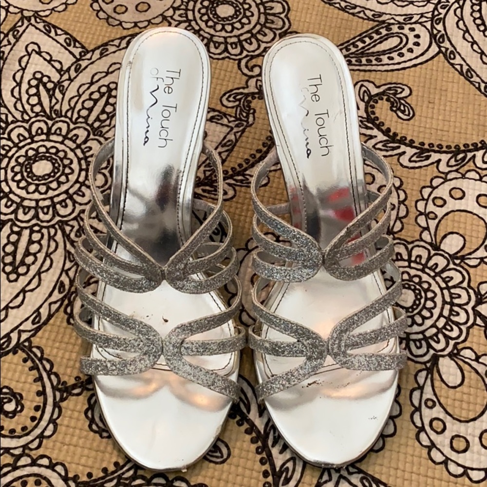 Strappy silver glitter heels